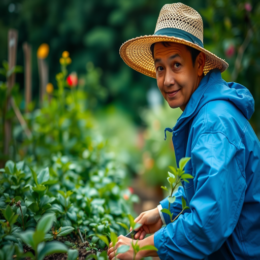portrait of a person in a blue raincoat and straw hat tending to a garden surrounded by lush greenery, shallow depth of field, shot with a Canon EOS R5 at f/2.8, ISO 100, 50mm lens, natural light, soft focus background, vibrant colors