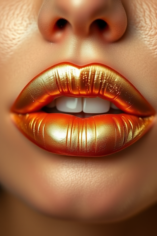 Elegant capture of champagne gold lips with a metallic finish, emphasizing luxurious sheen and light-catching properties in soft lighting