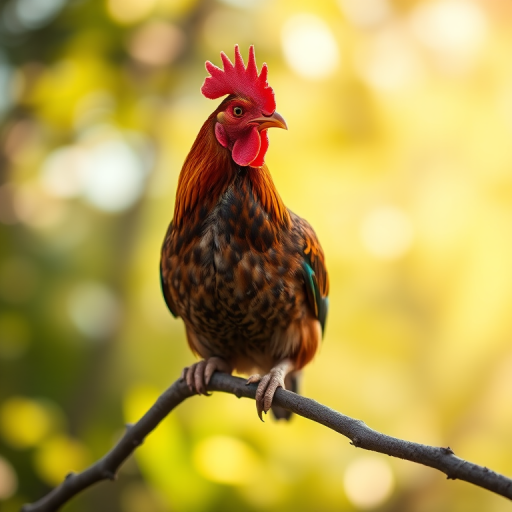 Regenerate a vibrant image of a chicken perched on a branch, captured with a Canon EOS 5D Mark IV, 85mm lens, f/1.8 aperture, ISO 100, shot in natural soft light at a low angle with a shallow depth of field to enhance background bokeh and focus on the chicken's details.