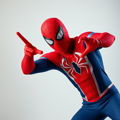 Generate an image of a person in a Spider-Man costume striking a dynamic pose, high-resolution, 85mm lens, f/2.8 aperture, ISO 100, natural lighting, studio backdrop, soft focus.