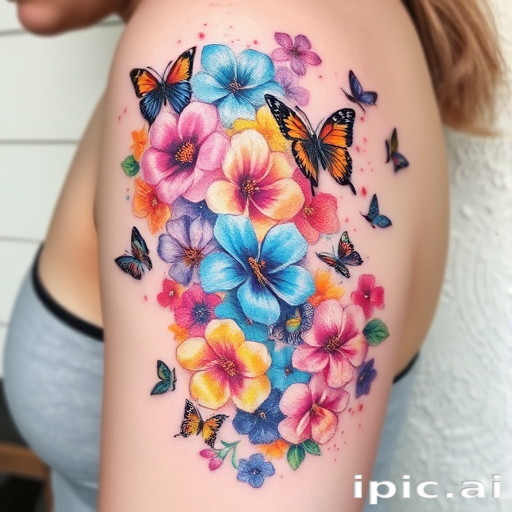 Vibrant watercolor tattoo named "Prismatic Bloom" featuring a cascade of rainbow-hued flowers intertwined with delicate butterflies, flowing seamlessly across the skin with soft edges and translucent overlays