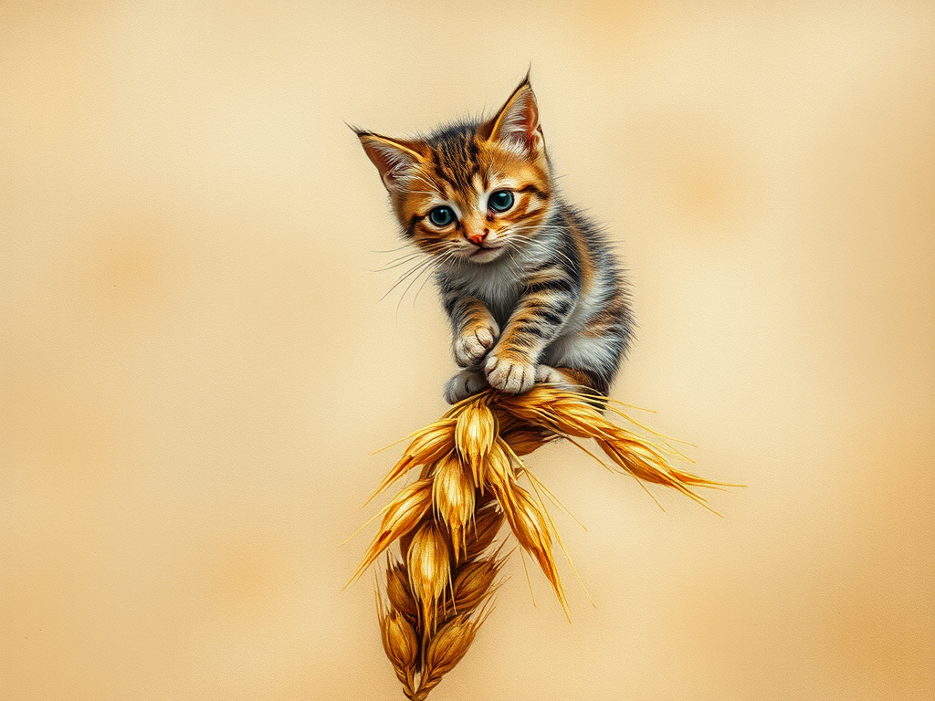 Soft, muted Alcohol Ink with ebru effect background image of tiny whimsical cat, who climbed high on the top of a golden rye ear.