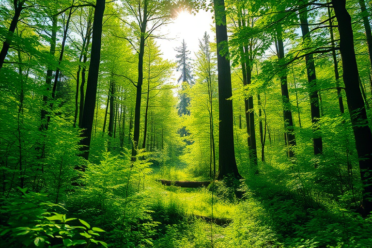 Generate a high-quality image of a tranquil forest scene with vibrant greenery, soft sunlight filtering through the trees, using a DSLR camera with a 50mm lens, aperture f/1.8, ISO 100, and a shallow depth of field for a dreamy effect.