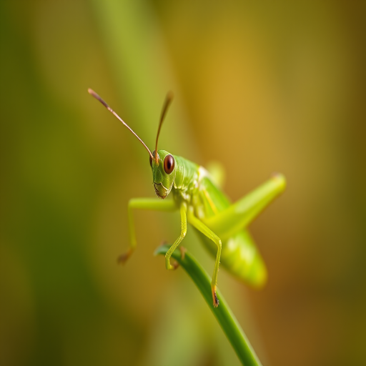 High-resolution macro photograph of a green grasshopper on a blurred natural background, shot with a Canon EOS R5, 100mm f/2.8L macro lens, f/5.6 aperture, ISO 200, 1/200 sec shutter speed, soft natural lighting.
