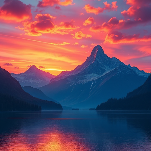 Create a high-resolution digital illustration of a fantasy landscape featuring a majestic mountain range under a vibrant sunset sky, with a calm lake reflecting the colors, using a DSLR camera with a focal length of 35mm, aperture set at f/8, ISO 100, using landscape mode.