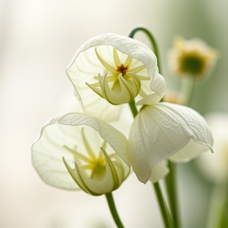 Create a highly detailed illustration of delicate lantern flowers with intricate veins and textures, set against a soft, blurred background, using a Canon EOS R5 with a 100mm f/2.8 macro lens, aperture set to f/4 for enhanced depth of field, shot at ISO 200 with a natural light setup.