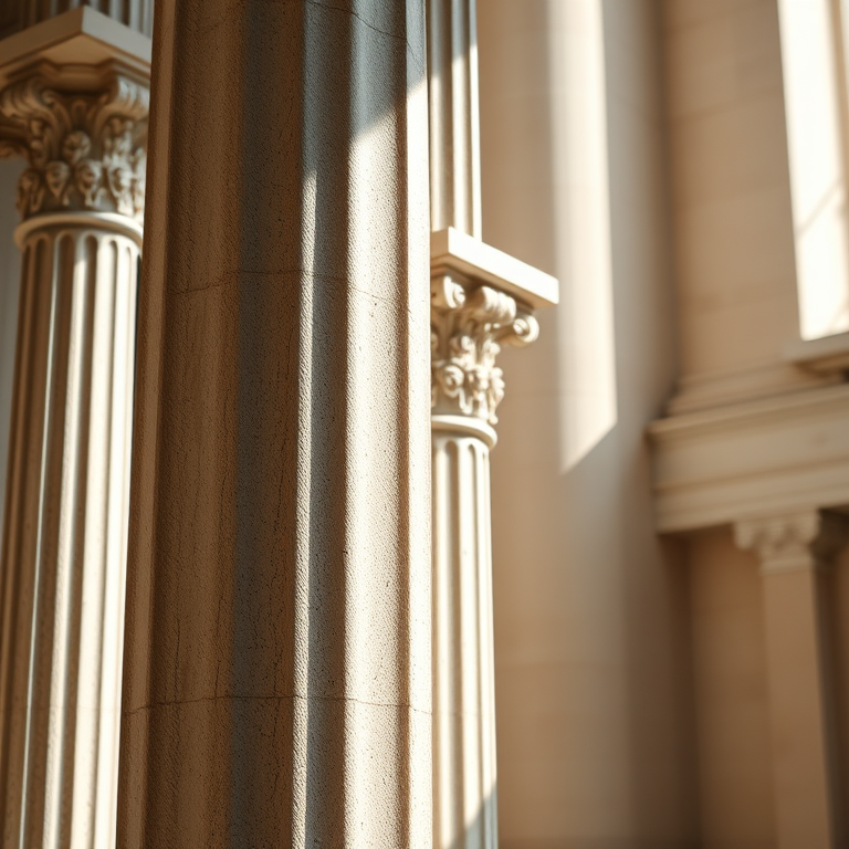 Create an image of a classical column with detailed fluting and capitals, shot with a DSLR camera at f/8 aperture, ISO 100, 50mm lens, in a soft natural light environment, focusing on the texture and shadow details.