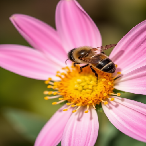 macro shot of a pink flower with a bee on its yellow center, shallow depth of field, natural lighting, ISO 100, aperture f/2.8, focal length 100mm, DSLR camera