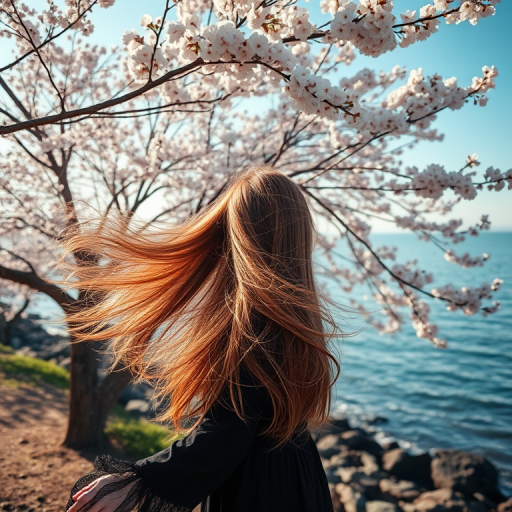 Create an ethereal landscape featuring a woman with flowing hair standing under blossoming cherry trees by a serene sea, captured with a full-frame camera, aperture f/1.8, ISO 100, 35mm lens, soft focus to enhance the dreamy atmosphere.