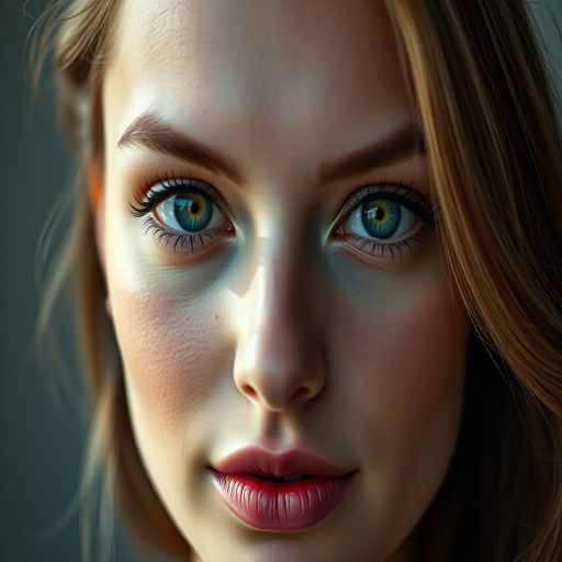 Close-up portrait of a woman with striking green eyes and full lips, soft dramatic lighting to highlight facial features, shot with a Canon EOS R5, 85mm lens, aperture f/1.2, ISO 100, portrait mode, shallow depth of field for a smooth background blur, natural skin tones and enhanced detail in eyes.