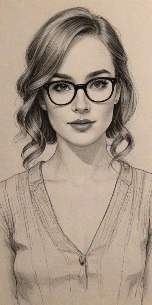 Elegant Camryn Grimes, pencil sketch, portrait of Splendid woman 1925s in glasses, hair style beatnik, outline, clear lines, fine lines, 8k