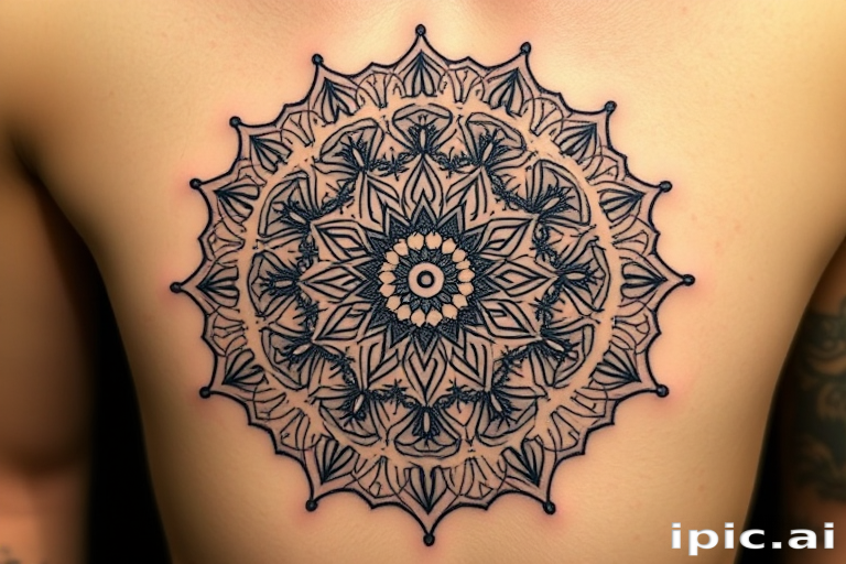 Ornate mandala tattoo called "Sacred Symmetry" showcasing intricate patterns radiating from a central point with delicate dotwork shading and precise geometric shapes