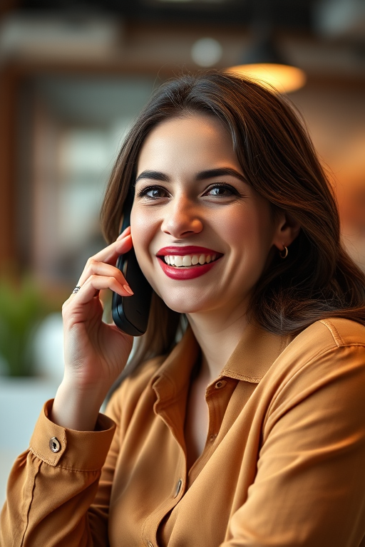 portrait of a smiling woman talking on a phone in a vibrant office setting, soft focus background, using a Canon EOS R5, aperture f/2.8, ISO 100, 50mm lens, natural light with a warm color scheme, shallow depth of field, 85-degree angle view.