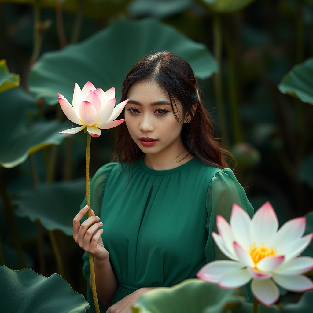 Regenerate the image of a woman in a green dress holding a lotus flower surrounded by plants, using a Canon EOS R5 camera, 50mm lens, f/1.8 aperture, ISO 100, soft lighting for an ethereal effect, shallow depth of field to focus on the subject while blurring the background.