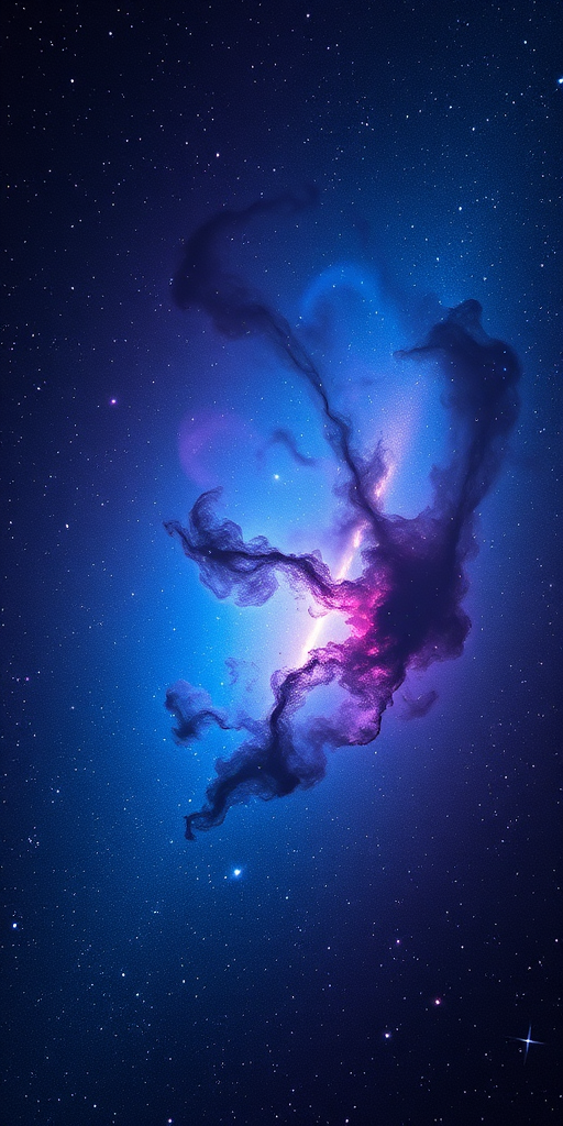 Generate a vibrant cosmic nebula in deep blues and purples with bright stars scattered throughout, taken with a DSLR camera at f/2.8, ISO 800, 30 seconds exposure, wide-angle lens, shot from a space perspective.