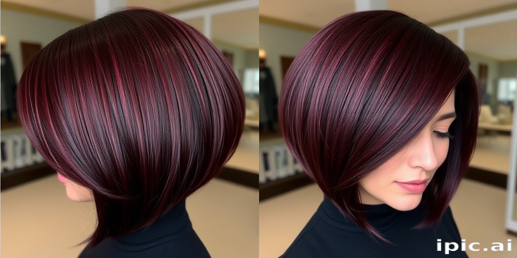 Rich burgundy bob named "Velvet Noir" with glossy finish and asymmetrical cut, featuring a deep side part and sleek, straight styling for a sophisticated look