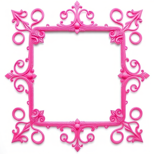 Create a vibrant pink decorative frame on a white background, captured with a DSLR camera at f/2.8, ISO 100, 50mm lens, top-down view, with soft natural lighting to enhance color saturation and depth.