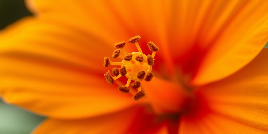macro shot of an orange flower with detailed stamen and vibrant colors, shallow depth of field, f/2.8, 50mm lens, ISO 100, natural light photography, DSLR camera