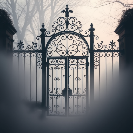 Create a high-resolution image of an ornate wrought-iron gate surrounded by fog, captured with a Canon EOS R5, 50mm f/1.8 lens, f/2.8, shutter speed 1/200 sec, ISO 200, in an ethereal, soft focus style, with a slightly overexposed background for a dreamlike effect.