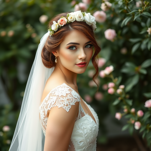 Garden scene, bridal model, delicate lace gown, floral headpiece, soft romantic focus, high-key lighting and an 85mm lens for soft, even tones that highlight the model’s face and bright outfit against a white or light background