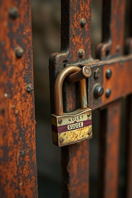 Close-up of an old, rusty metal gate with a padlock and detailed texture, captured at f/8, 1/125s, ISO 100, using a macro lens, natural light for enhanced clarity and color vibrancy.