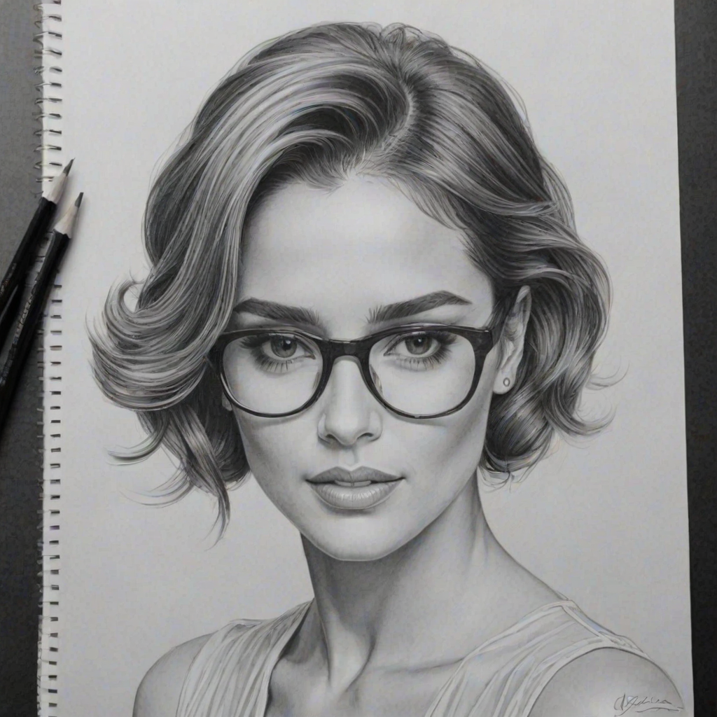 Captivating Cheryl Cole, pencil sketch, portrait of Graceful woman 1933s in glasses, hair style beatnik, outline, clear lines, fine lines, 8k