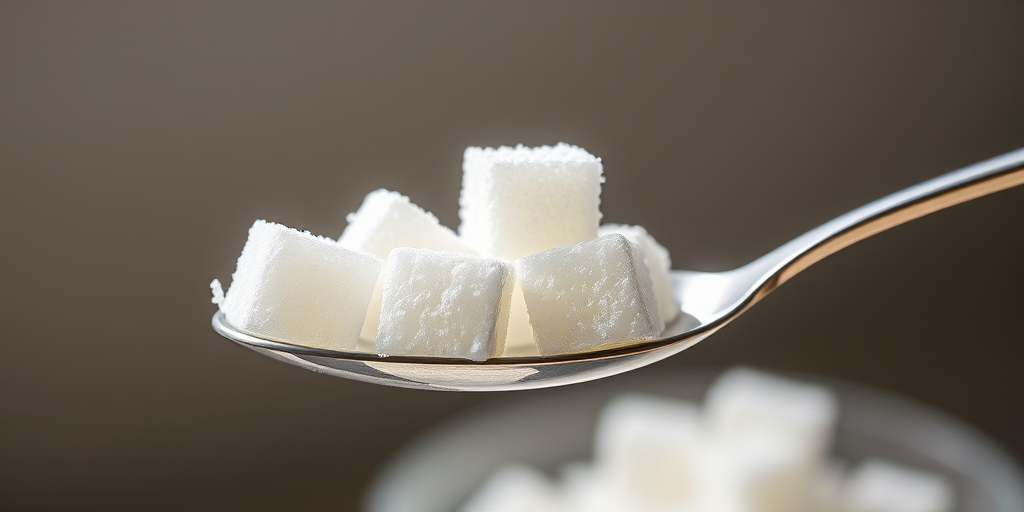 high-resolution image of a spoonful of sugar cubes on a reflective spoon, soft natural lighting, shallow depth of field, taken with a DSLR camera at f/2.8, ISO 100, 50mm lens, focus on sugar cubes with a blurred background