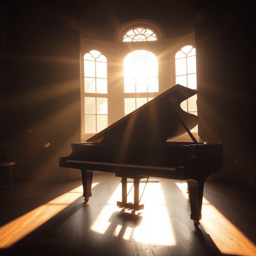 Softly lit image of a grand piano in a dimly lit room, soft sunlight streaming through tall windows, with dust particles dancing in the warm glow and the faint sound of distant music lingering in the air.
