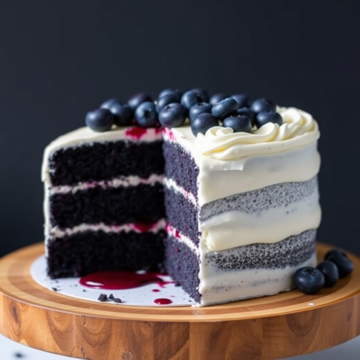 A beautifully layered cake with dark blue sponge cake and creamy frosting visible from the cut side, topped with fresh blueberries, placed on a wooden cake stand, with some berry filling oozing out slightly.