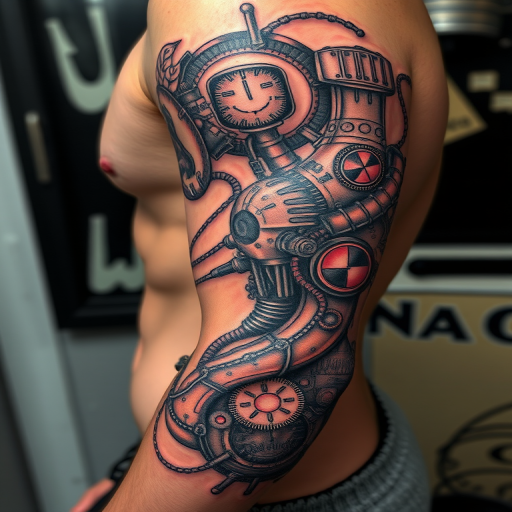 Biomechanical tattoo piece dubbed "Cybernetic Evolution" merging organic forms with mechanical components to create a hyper-realistic design that appears to reveal the inner workings beneath the skin