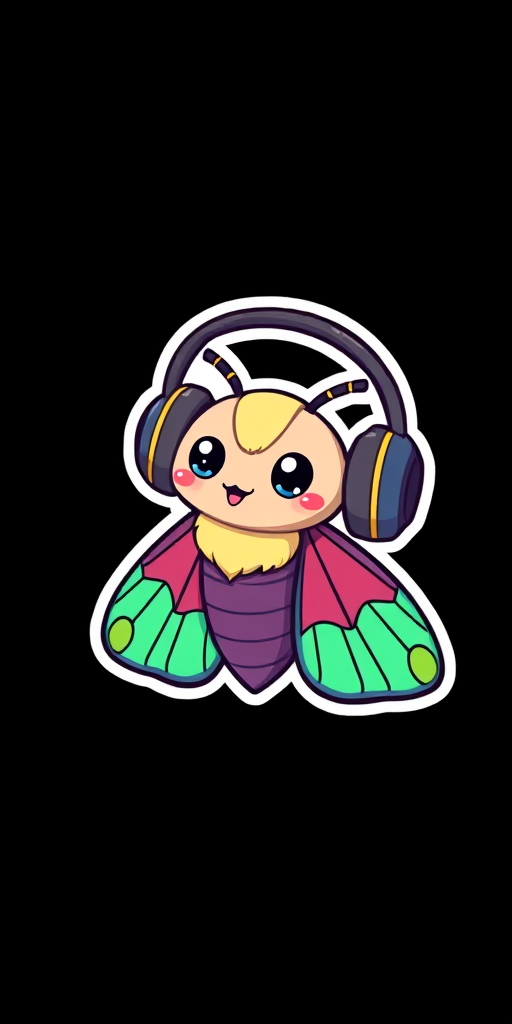 this image is sticker, Happy Colorful Moth wearing Headphones, kawaii, contour, vector, black background