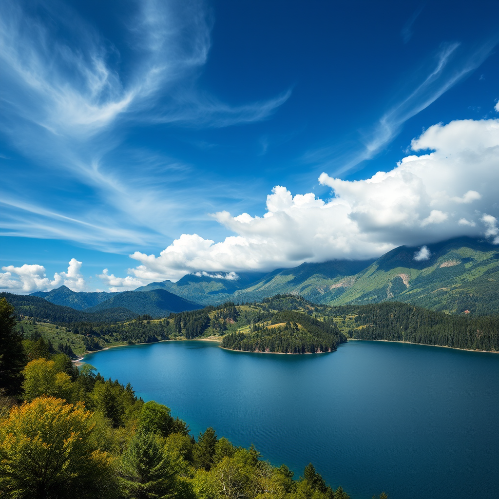 Capture a vibrant landscape of a serene mountain lake surrounded by lush greenery and dramatic cloud formations under a bright blue sky, shot with a Canon EOS R5, 24mm lens, f/8 aperture, 1/250 sec shutter speed, ISO 100, wide-angle view to enhance depth and detail.