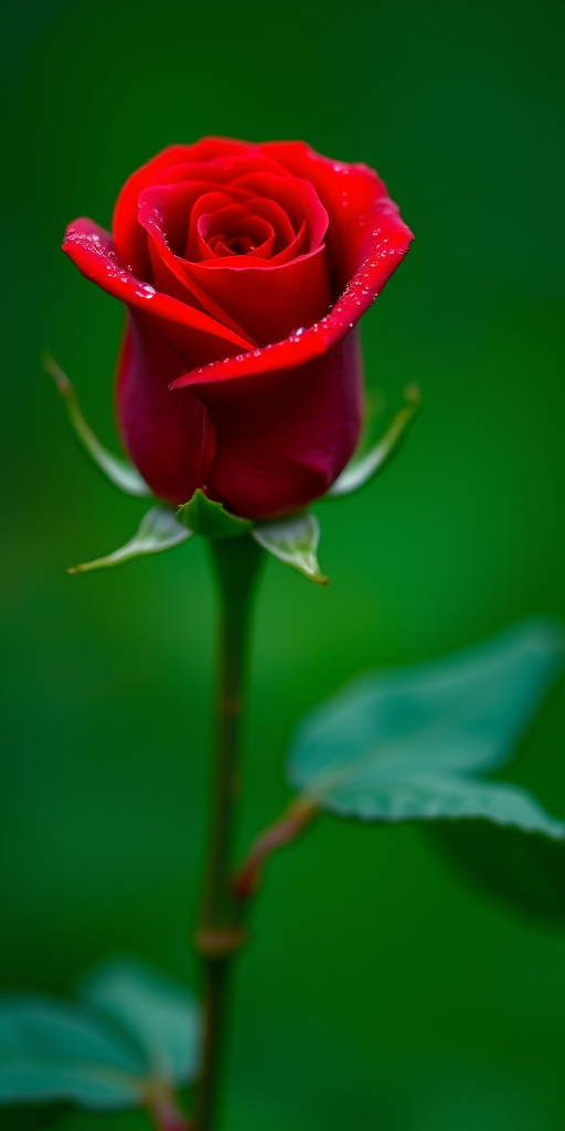 Capture a close-up of a single red rose on a green background, with dewdrops on the petals, using a shallow depth of field, 50mm lens, f/1.8 aperture, ISO 100, and natural soft lighting for enhanced image quality.