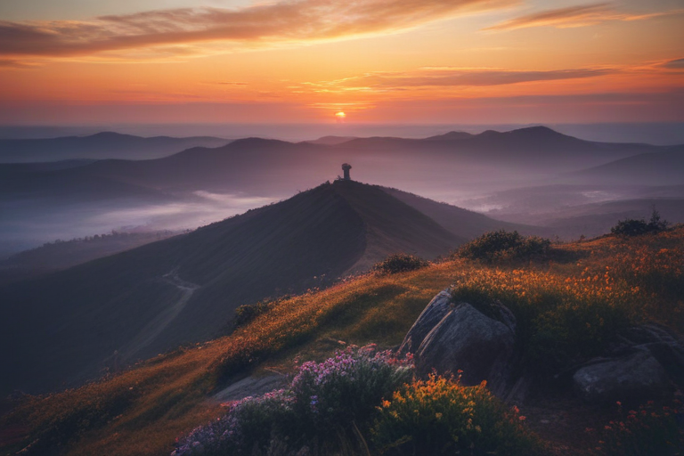 Serene Sunrise Over Rolling Hills with Vibrant Wildflowers in Bloom