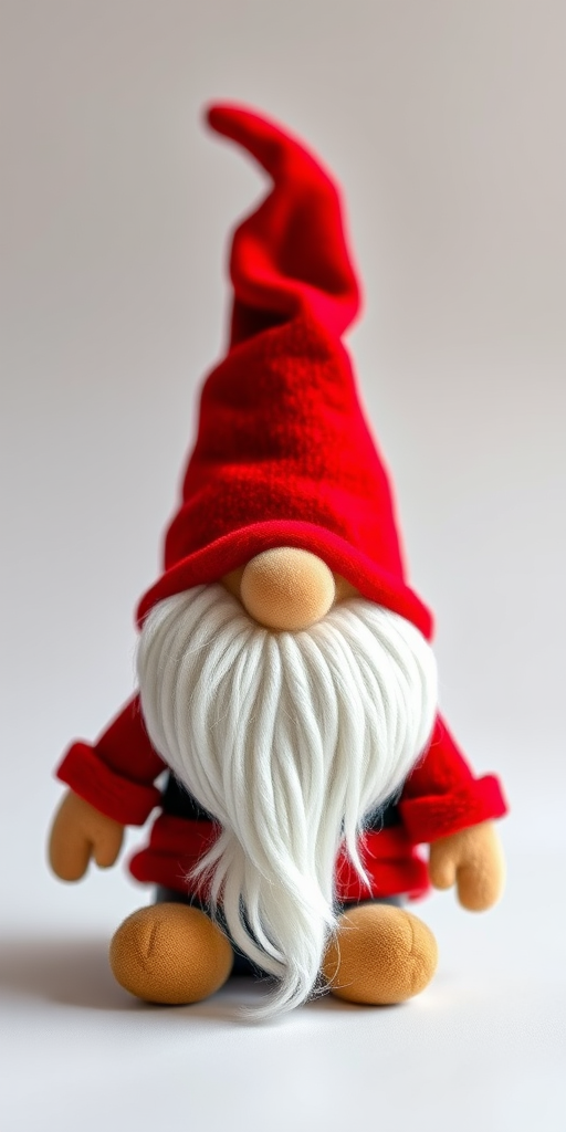 Create a high-resolution image of a gnome plush toy with a red hat and white beard, using a DSLR camera with a 50mm lens, aperture f/1.8, ISO 100, shallow depth of field, soft lighting, and a clean background for enhanced focus on the subject.