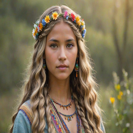 Create an image of a young Quechua woman with long, wavy blonde hair, adorned with small, colorful flowers woven into her braids and loose strands. Her complexion is fair, with soft, glowing skin, and she has light blue eyes that gaze softly at the viewer. She wears a light, flowing dress with a gentle, ethereal quality, complementing her delicate and serene appearance. The background is slightly blurred, drawing focus to her tranquil expression and the intricate details of the flowers in her hair. The overall mood of the image is one of natural beauty and grace, evoking a sense of peacefulness and connection with nature.