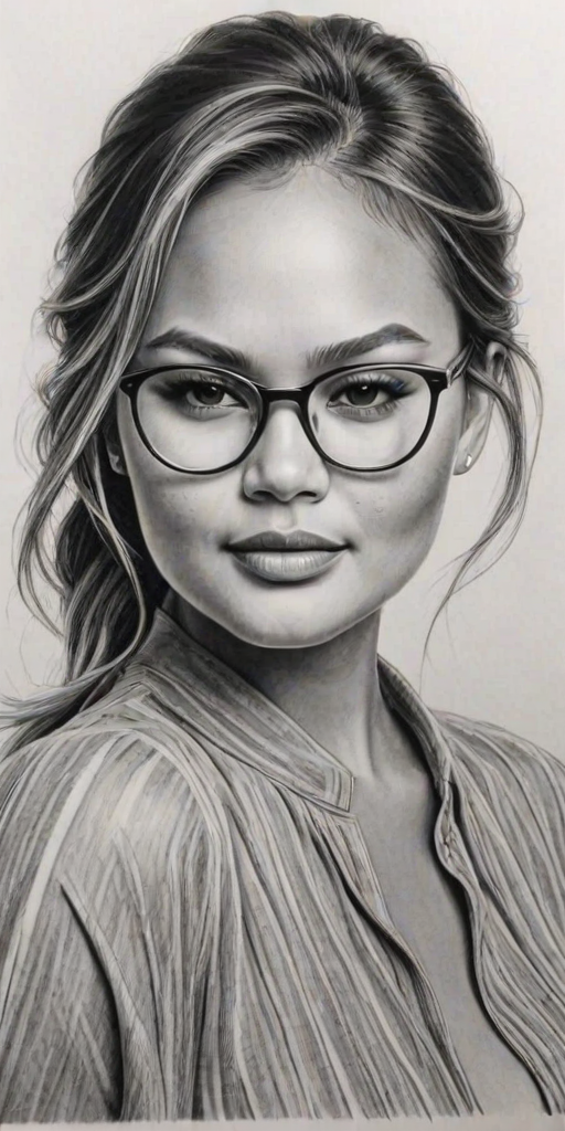 Enchanting Chrissy Teigen, pencil sketch, portrait of Lovely woman 1965s in glasses, hair style beatnik, outline, clear lines, fine lines, 8k