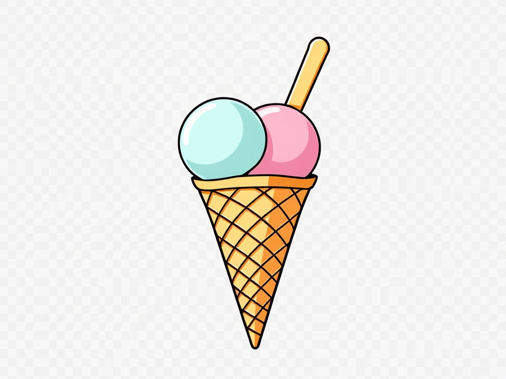 Create a high-resolution vector illustration of an ice cream cone with two scoops, using a flat design style and a transparent background, shot with a 50mm lens, aperture f/2.8, ISO 100, and a soft light setup to enhance contrast and color vibrancy.