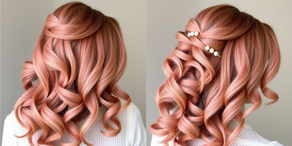 Romantic dusty rose balayage on long, flowing locks styled in loose vintage-inspired pin curls, adorned with pearl hair pins named "Victorian Blush" evoking timeless romance