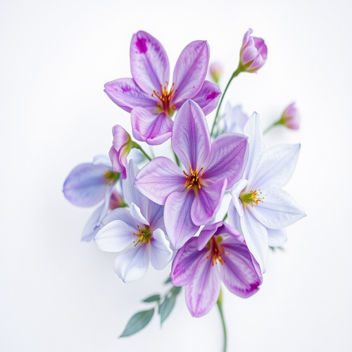Regenerate a watercolor floral arrangement with soft purple and blue hues on a light gray background, using a full-frame camera at f/4 aperture, 50mm lens, ISO 100, in natural light to enhance the clarity and detail of the flowers.