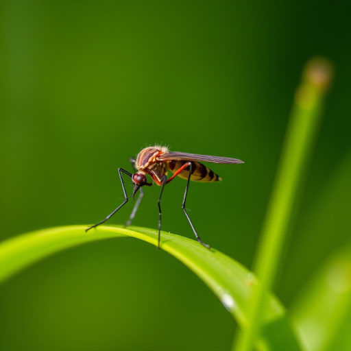 close-up photograph of a mosquito perched on a green blade of grass, shallow depth of field, natural light, ISO 100, f/2.8, 1/200s, macro lens, taken with a DSLR camera for high detail and clarity