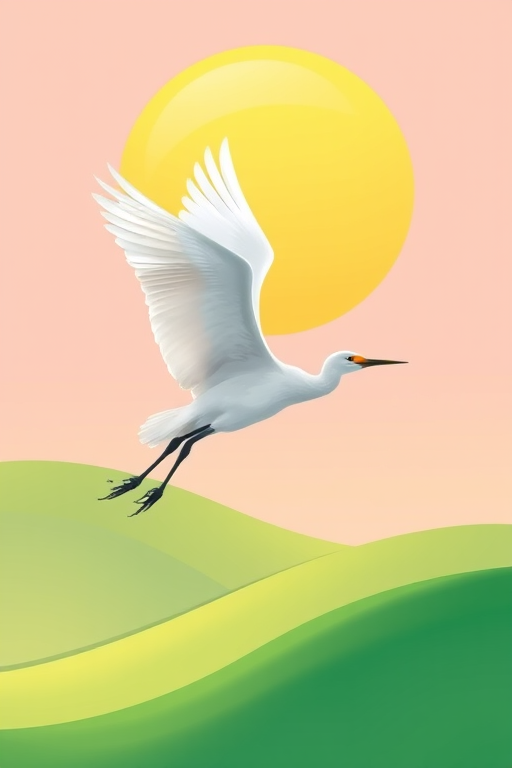 Create an illustration of a white crane flying against a pastel-colored background with a large yellow sun and soft green hills, using a digital painting style, shot with a high-resolution camera at f/4 aperture, ISO 100, and a 50mm lens for sharp detail and vibrant colors.