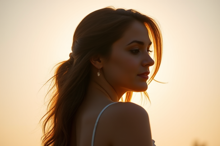 portrait of a woman in profile against a glowing sun backdrop, backlit with sun rays radiating outwards, soft bokeh effect, aperture f/1.8, shutter speed 1/200s, ISO 100, 50mm lens, natural lighting, DSLR camera with a shallow depth of field