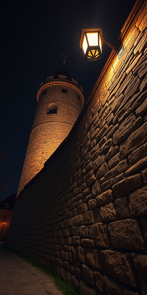 Capture an atmospheric nighttime scene of a medieval stone wall and tower with a warm glowing lantern, using a Canon EOS R5, 24mm lens, f/8 aperture, ISO 100, 1/60s shutter speed, low angle view, with HDR processing to enhance detail and contrast.