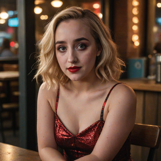 photo of woman:Harley Quinn Smith:0.4, highlight hair, sitting outside restaurant, wearing dress, rim lighting, studio lighting, looking at the camera, dslr, ultra quality, sharp focus, tack sharp, dof, film grain, Fujifilm XT3, crystal clear, 8K UHD, highly detailed glossy eyes, high detailed skin, skin pores