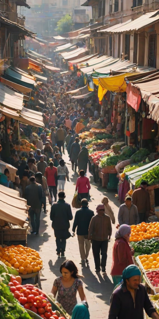 Low-resolution candid shot of a bustling marketplace, colorful stalls overflowing with fruits and vegetables, people browsing in vibrant clothing, and warm afternoon light filtering through overhead canopies.