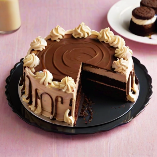 Create an image of a round cake with a light-colored, creamy frosting. The cake should be topped with chocolate ganache drips and decorated with whole chocolate sandwich cookies and swirls of whipped cream. Place the cake on a black cake stand, and ensure the overall presentation looks elegant and enticing.