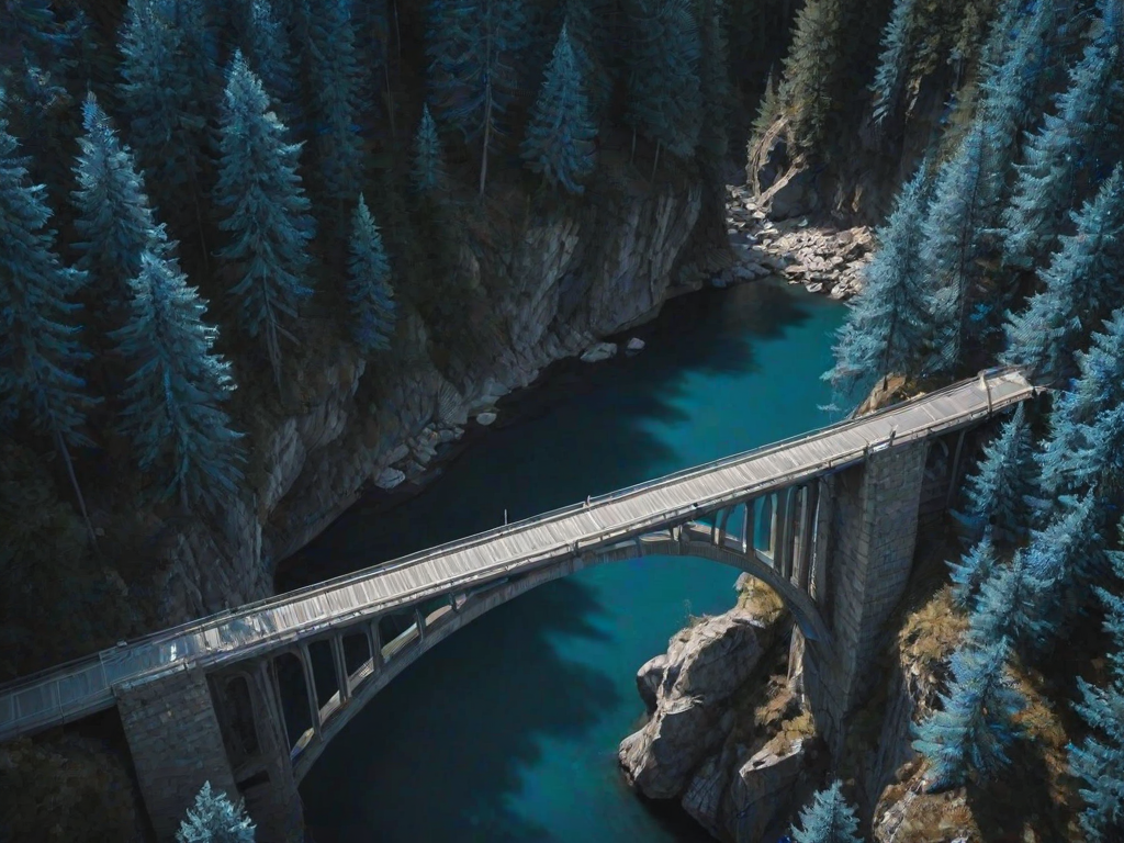 day, natural lighting, bridge focus, CandiBRIDGE, no humans, mountain, water, bridge, blue trees, from above, negative space, scenery, intricately detailed illustration, depth of field, atmospheric perspective, blue theme, monochrome