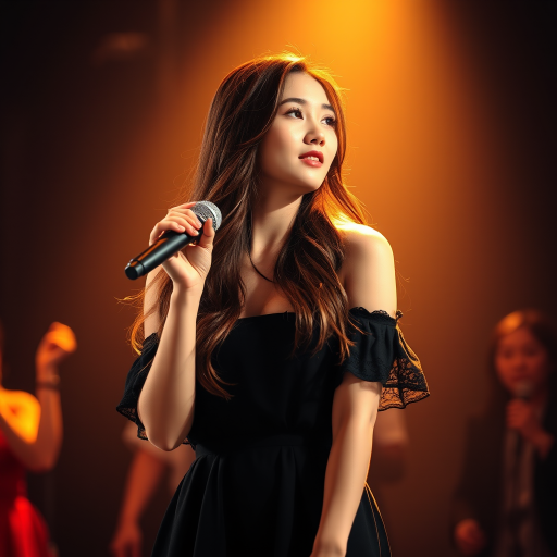 A young korean woman with long, flowing brown hair is standing in the center of the frame, holding a microphone in her right hand, and looking slightly off to the right side of the frame. She is wearing a black, off-the-shoulder dress with delicate lace detailing. The lighting is warm and dramatic, creating a spotlight effect on the singer. There are other figures in the background, blurred and out of focus, suggesting a concert or performance setting. The camera angle is low, capturing the woman from the waist up. The overall atmosphere is intimate and captivating.