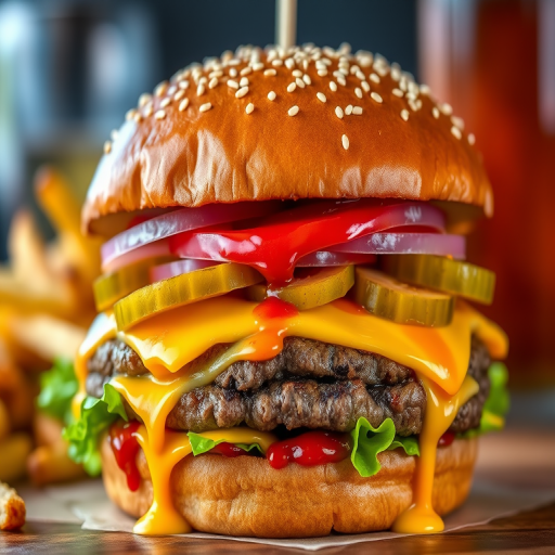 High-resolution, close-up image of a gourmet double cheeseburger. The burger features a glossy, sesame-seed-topped brioche bun. Inside, there are two thick, juicy beef patties, each topped with melted cheddar cheese. The burger is garnished with fresh lettuce, tomato slices, diced onions, and pickles. A generous amount of ketchup and a creamy, orange-colored sauce is dripping down the sides, adding to the mouth-watering appeal. In the background, there are blurred elements including a side of golden French fries and a hint of a beverage, enhancing the overall presentation of a delicious meal.
